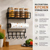 Wall Mounted Kitchen Organizer Rack with Paper Towel Holder & Hooks – Black
