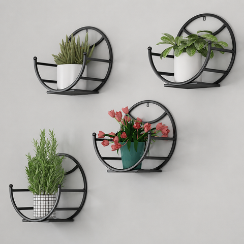 Set of 4 Round Metal Wall-Mounted Plant Holder Shelves