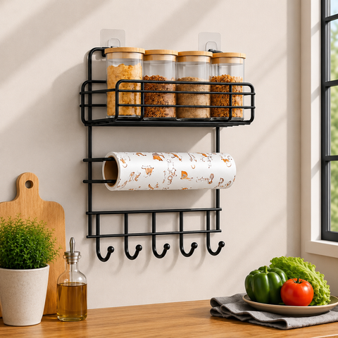 Wall Mounted Kitchen Organizer Rack with Paper Towel Holder & Hooks – Black
