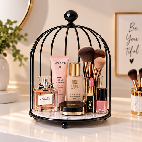 Elegant 2-Tier Black Birdcage Makeup Organizer – Vanity & Cosmetic Holder