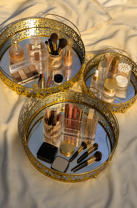 Luxury Golden Round Metal Tray – Mirror Base Decorative Organizer