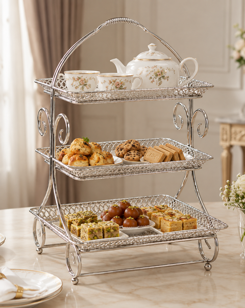 Luxury 3-Tier Silver Serving Stand – Elegant Tea & Dessert Organizer