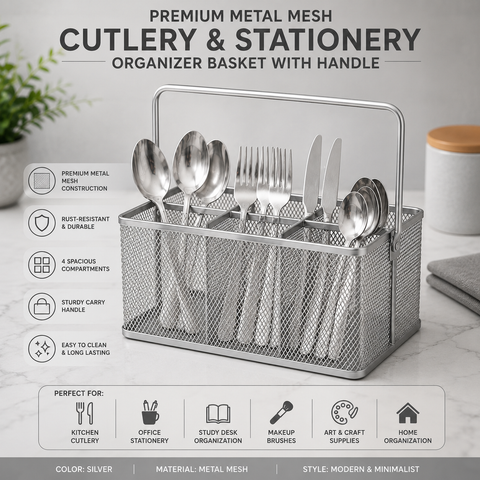 Premium Metal Mesh Cutlery & Stationery Organizer Basket with Handle