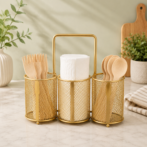 3-Compartment Metal Cutlery & Plate Organizer Stand