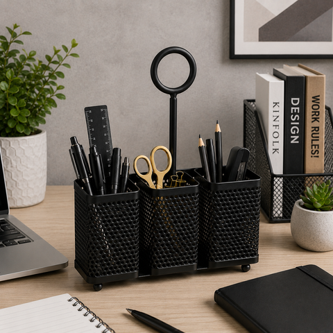 3-Compartment Black Metal Multipurpose Organizer & Pen Holder