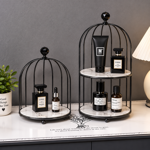 Elegant 2-Tier Black Birdcage Makeup Organizer – Vanity & Cosmetic Holder