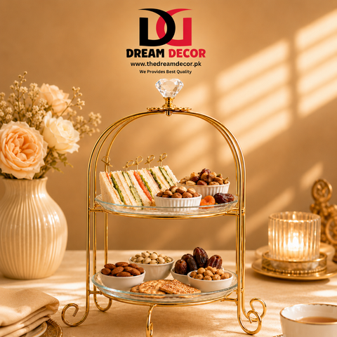 Golden 2-Tier Serving Stand with Glass Plates