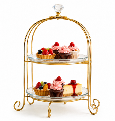 Golden 2-Tier Serving Stand with Glass Plates