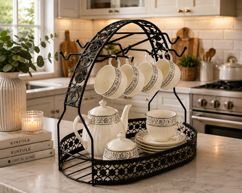 Premium Metal Tea Cup & Teapot Organizer Stand