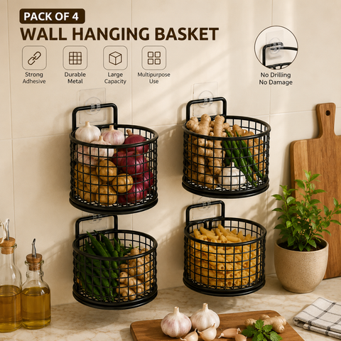 Wall Mounted Metal Mesh Kitchen Basket Rack – Black