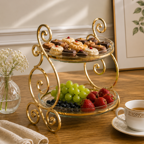 Luxury 2-Tier Gold Glass Serving Stand – Dessert, Fruit & Cake Display Tray