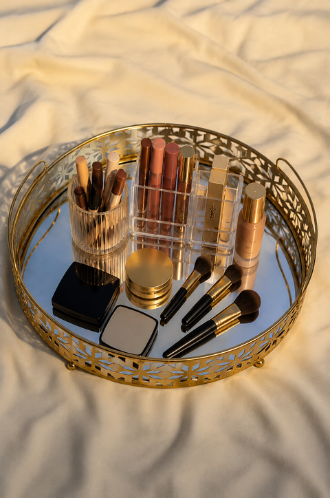 Luxury Golden Round Metal Tray – Mirror Base Decorative Organizer