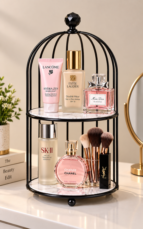Elegant 2-Tier Black Birdcage Makeup Organizer – Vanity & Cosmetic Holder
