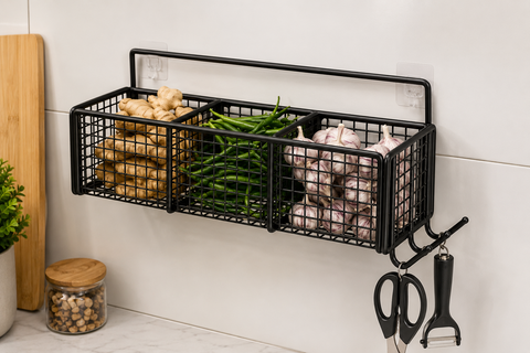 3-Compartment Wall Mounted Kitchen Storage Basket with Dual Hooks