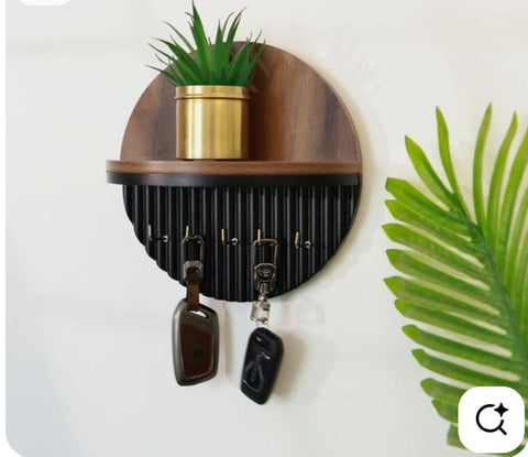 Wooden Wall Mounted Key Holder with Storage Shelf & Hooks