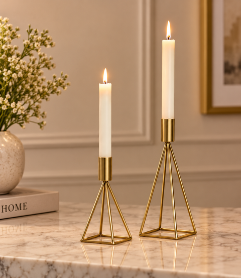 Luxury Geometric Gold Candle Holder Set – 2 Pcs