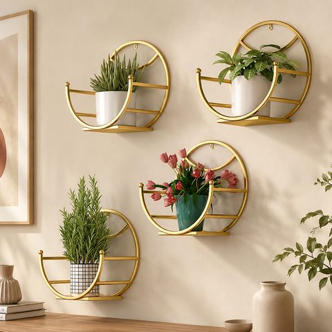 Set of 4 Round Metal Wall-Mounted Plant Holder Shelves
