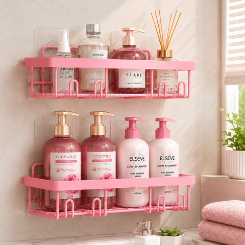 Pink Adhesive Bathroom Corner Shelf Set – 5 Pcs Wall Mounted Organizer