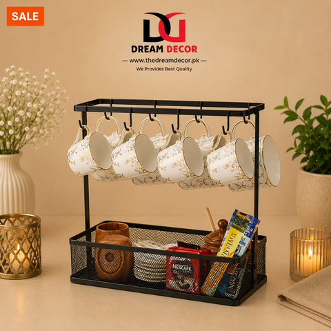 Elegant Countertop Mug Holder With Storage Basket – 6 Cup Hanging Rack