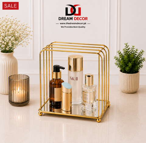 Gold Metal Makeup Organizer with Mirror Tray (Cosmetic Storage Rack)