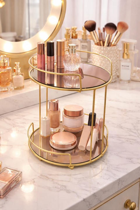 Gold Metal Makeup Holder with Mirror Tray
