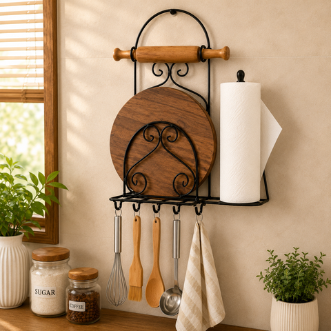 Wall Mounted Kitchen Organizer Rack with Paper Towel Holder