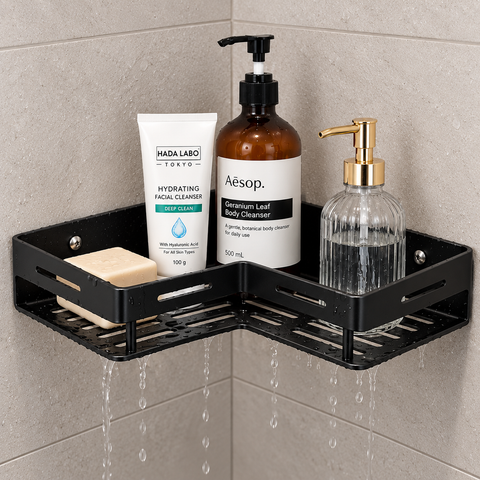 Matte Black Corner Shower Shelf – Wall Mounted Bathroom Organizer