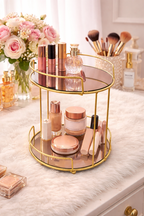 Gold Metal Makeup Holder with Mirror Tray