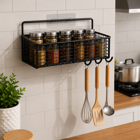 3-Compartment Wall Mounted Kitchen Storage Basket with Dual Hooks