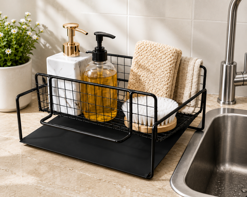 Premium Black Metal Sink Organizer & Cleaning Rack