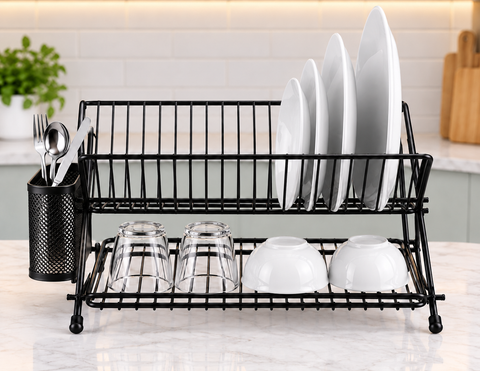 2-Tier Metal Dish Rack with Cutlery Holder – Black