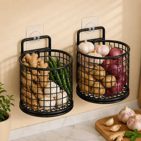 Wall Mounted Metal Mesh Kitchen Basket Rack – Black