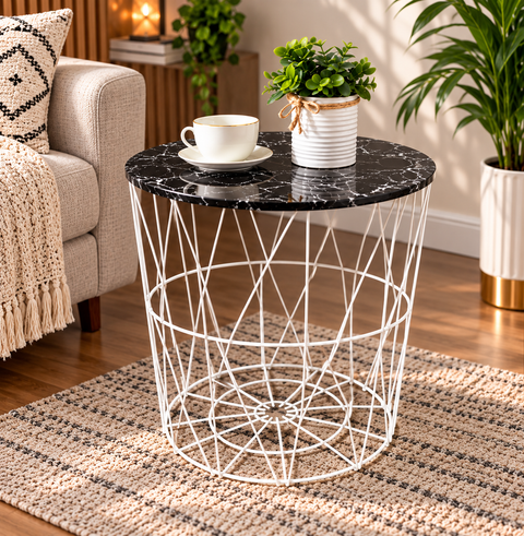 Modern Wooden Top Side Table – Metal Frame white