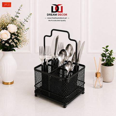 Golden Metal Mesh Cutlery Organizer Caddy with Handle