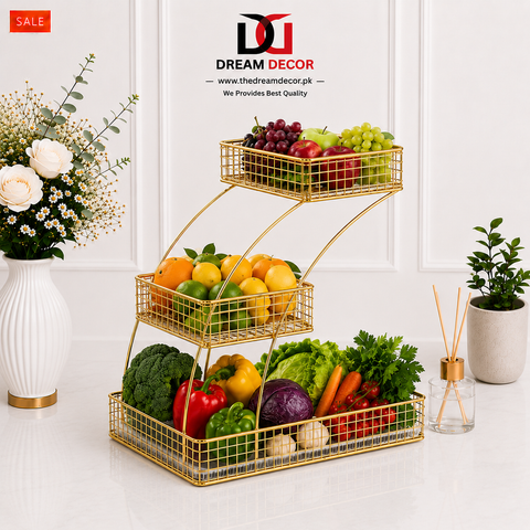 3-Tier Golden Metal Fruit & Vegetable Storage Basket Rack