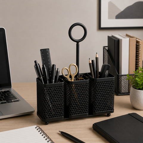3-Compartment Black Metal Multipurpose Organizer & Pen Holder