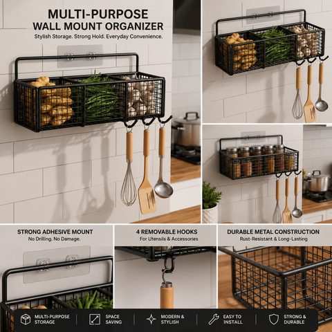 3-Compartment Wall Mounted Kitchen Storage Basket with Dual Hooks