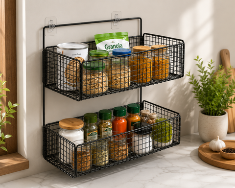 2-Tier Wall Mounted Kitchen Storage Basket Rack