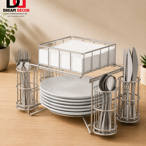 3-in-1 Luxury Metal Buffet Organizer – Plate, Cutlery & Napkin Holder