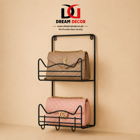 Wall-Mounted Handbag Organizer Rack with Key Hooks