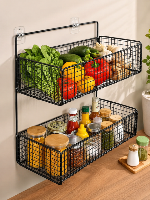 2-Tier Wall Mounted Kitchen Storage Basket Rack
