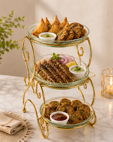 Luxury 3-Tier Glass Serving Stand with Golden Metal Frame