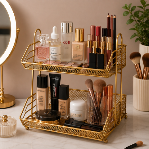 Modern Gold Double-Layer Kitchen Countertop Organizer Rack