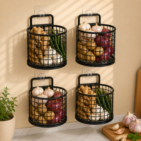 Wall Mounted Metal Mesh Kitchen Basket Rack – Black