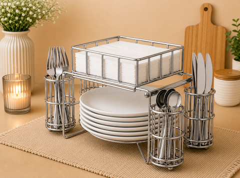 3-in-1 Luxury Metal Buffet Organizer – Plate, Cutlery & Napkin Holder
