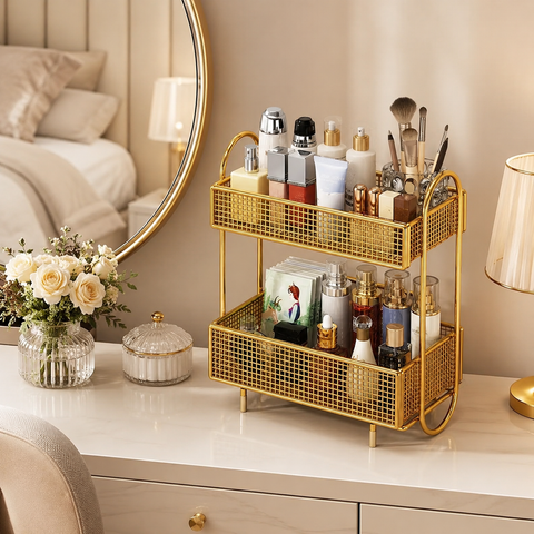 Golden 2-Tier Makeup & Skincare Organizer Rack