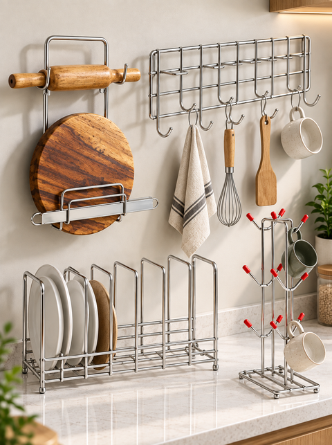 Premium 4-in-1 Kitchen Organizer Rack Set – Silver