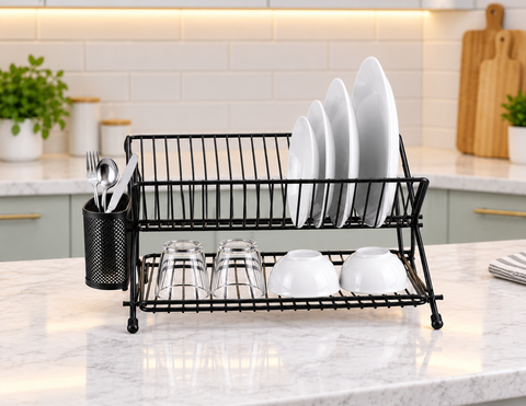 2-Tier Metal Dish Rack with Cutlery Holder – Black