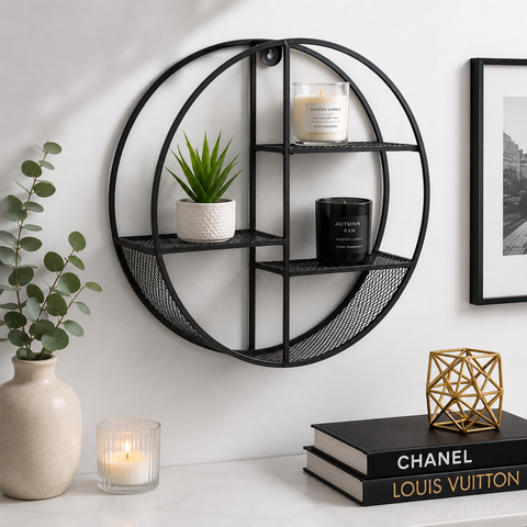 premium-round-metal-mesh-wall-shelf-black
