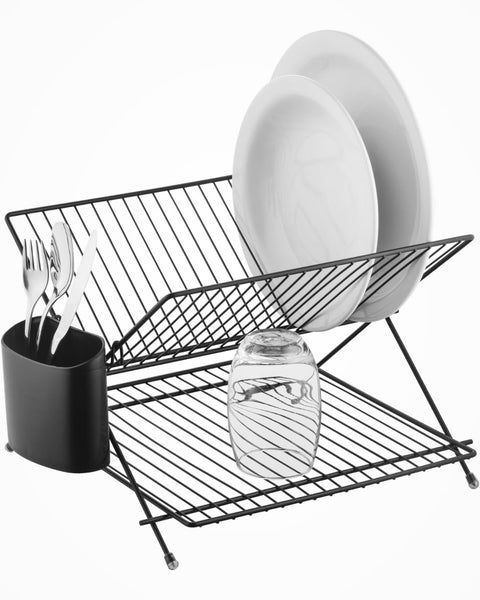 2-Tier Metal Dish Rack with Cutlery Holder – Black